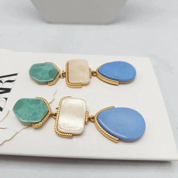 Zara Geometric Drop Earrings With Faux Green Cream and Blue Stones - Picture 3 of 5